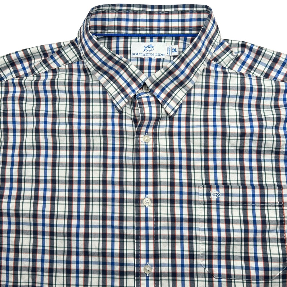 Southern Tide Shirt Mens XXL Navy Blue Red Plaid Coolmax Stretch Button Down